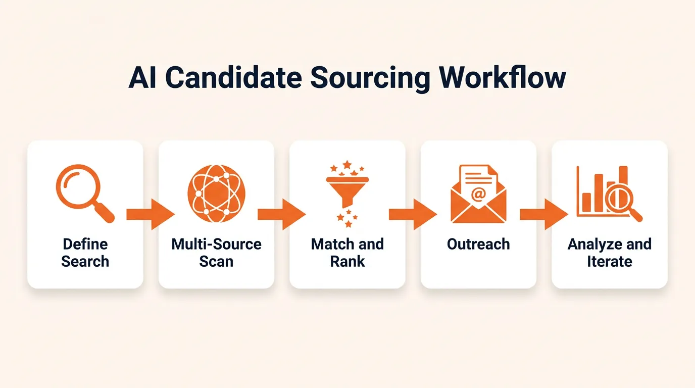 AI candidate sourcing workflow in five stages: define search, multi-source scan, match and rank, outreach, and analyze and iterate