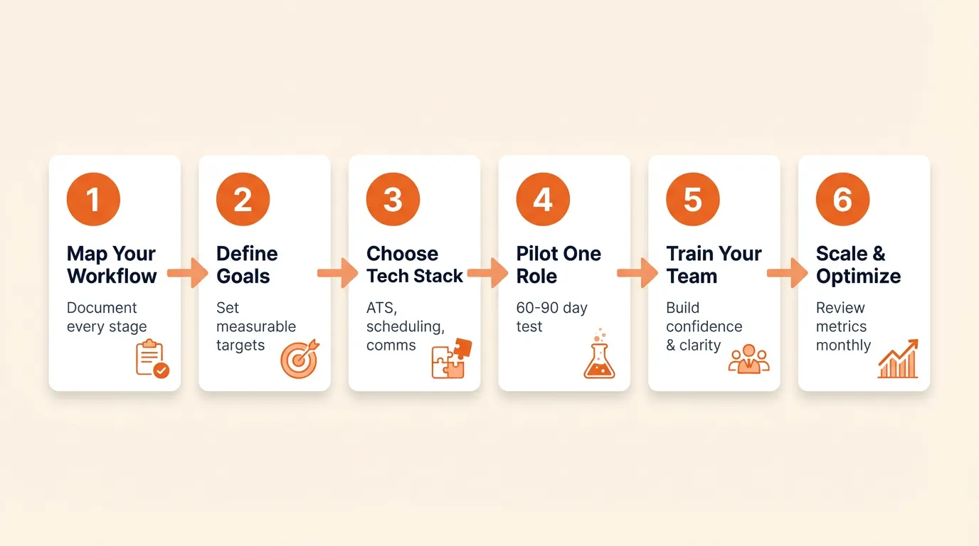 Six-step recruitment process automation workflow: map your workflow, define goals, choose tech stack, pilot one role, train your team, scale and optimize