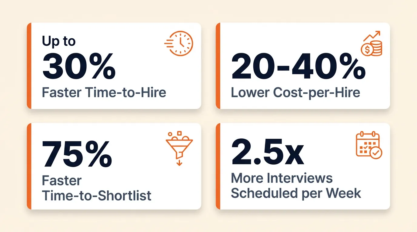 Four stat cards showing recruitment automation ROI: up to 30% faster time-to-hire, 20-40% lower cost-per-hire, 75% faster time-to-shortlist, and 2.5x more interviews scheduled per week