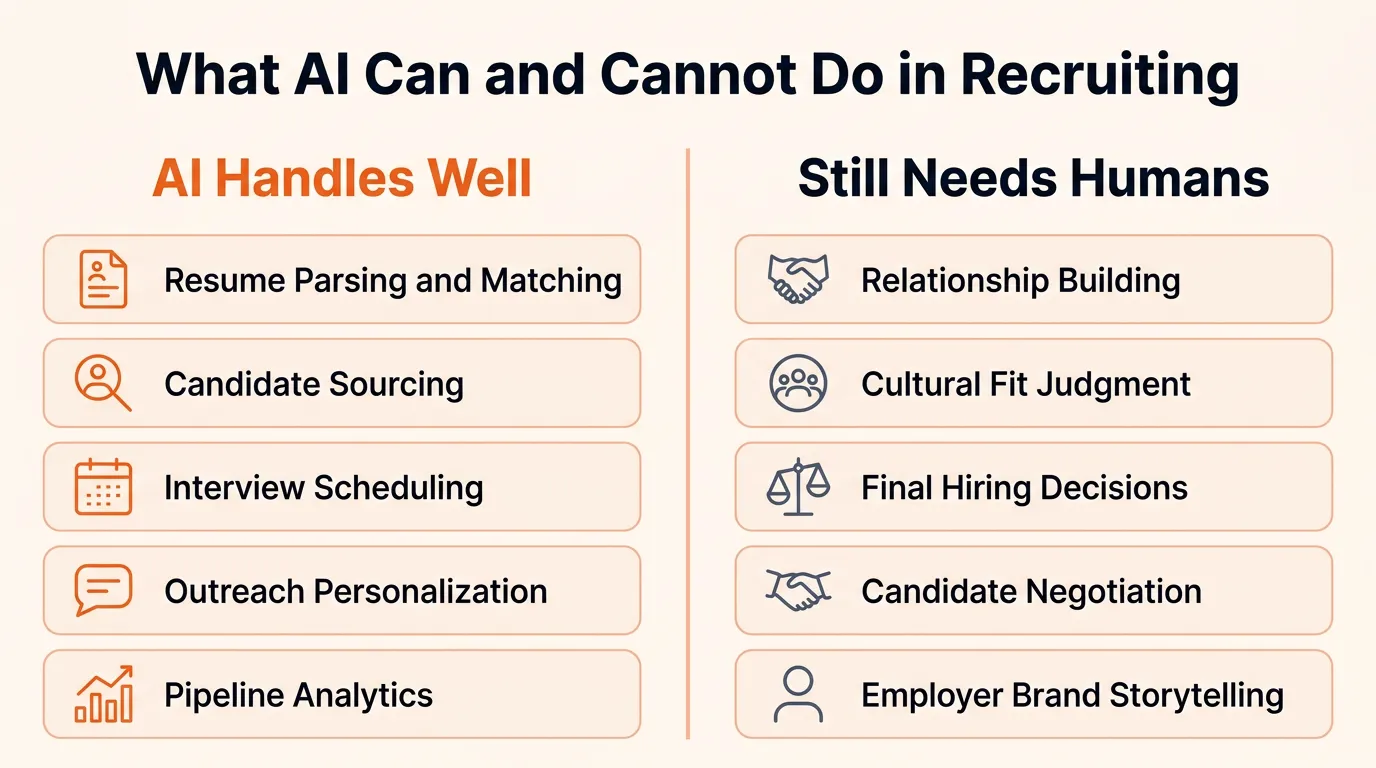 Two-column comparison showing five recruiting tasks AI handles well versus five tasks that still need human recruiters