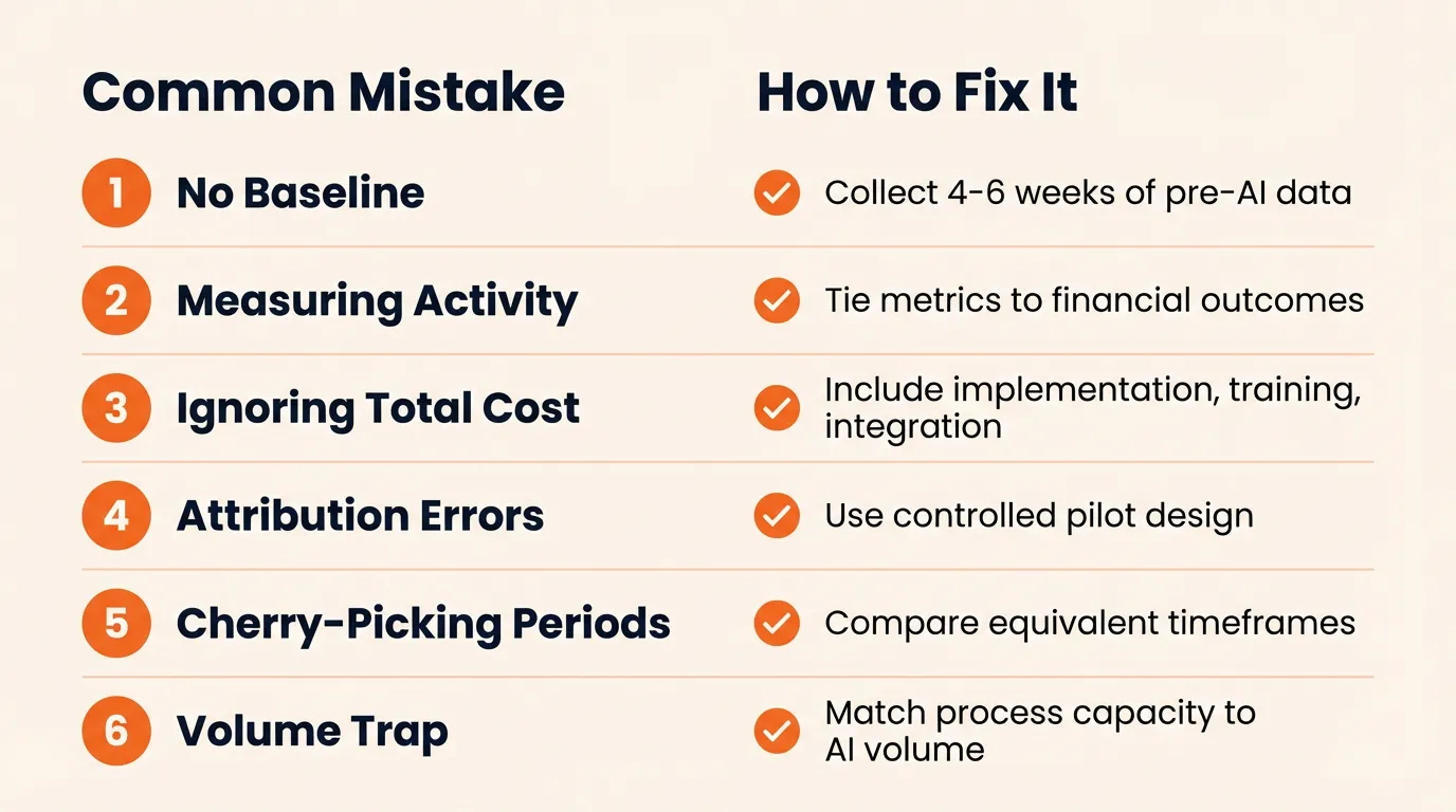 Two-column checklist showing six common AI recruiting ROI measurement mistakes on the left with corresponding fixes on the right