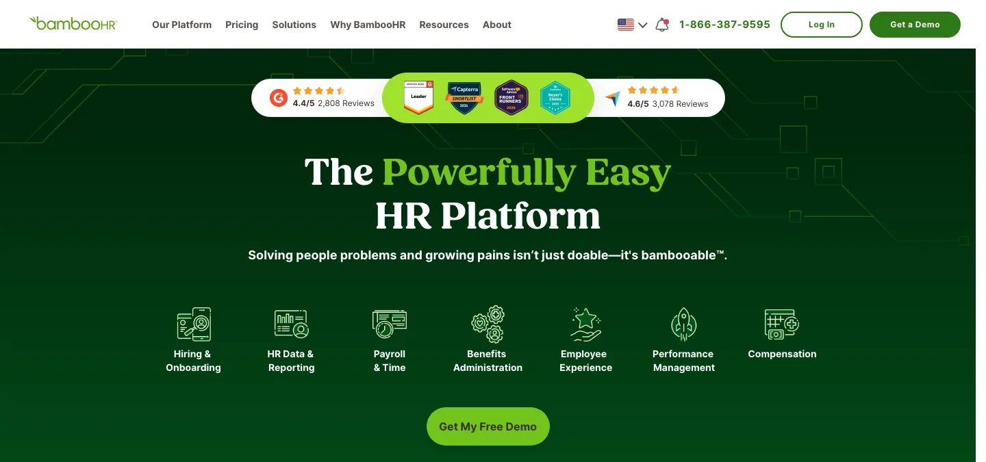 BambooHR homepage showing HRIS platform
