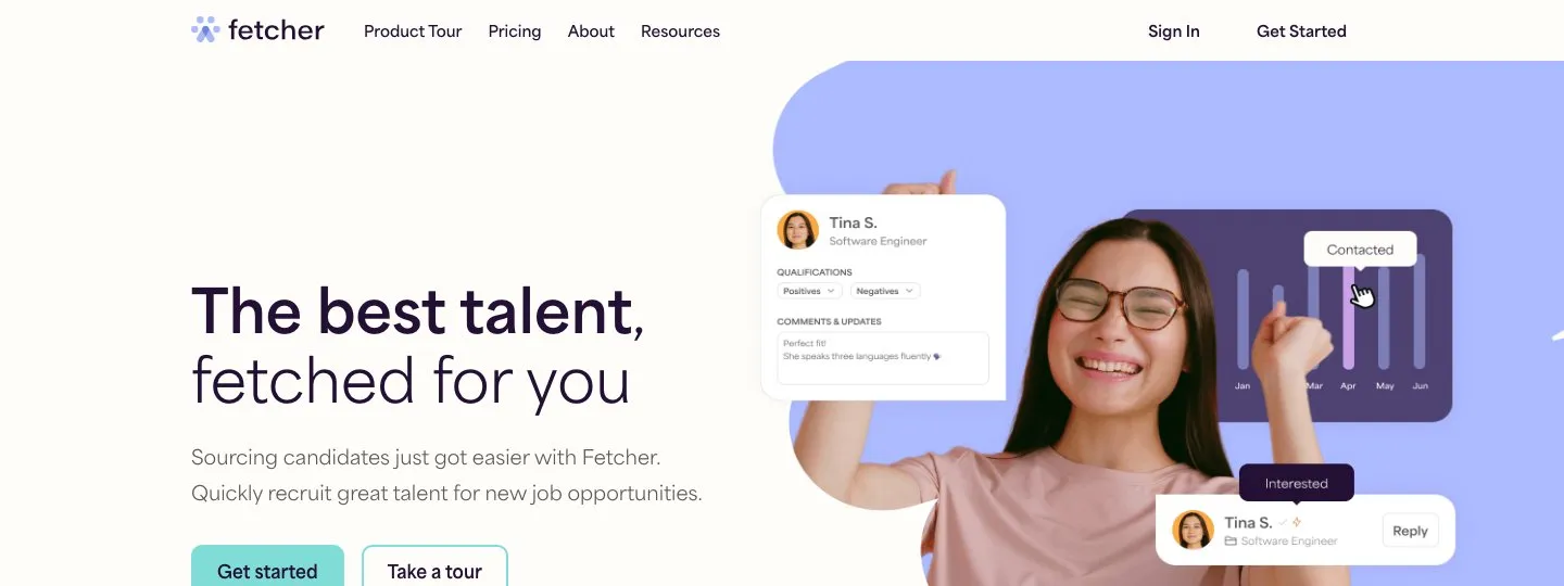 Fetcher homepage showing its AI-powered candidate sourcing and outreach platform