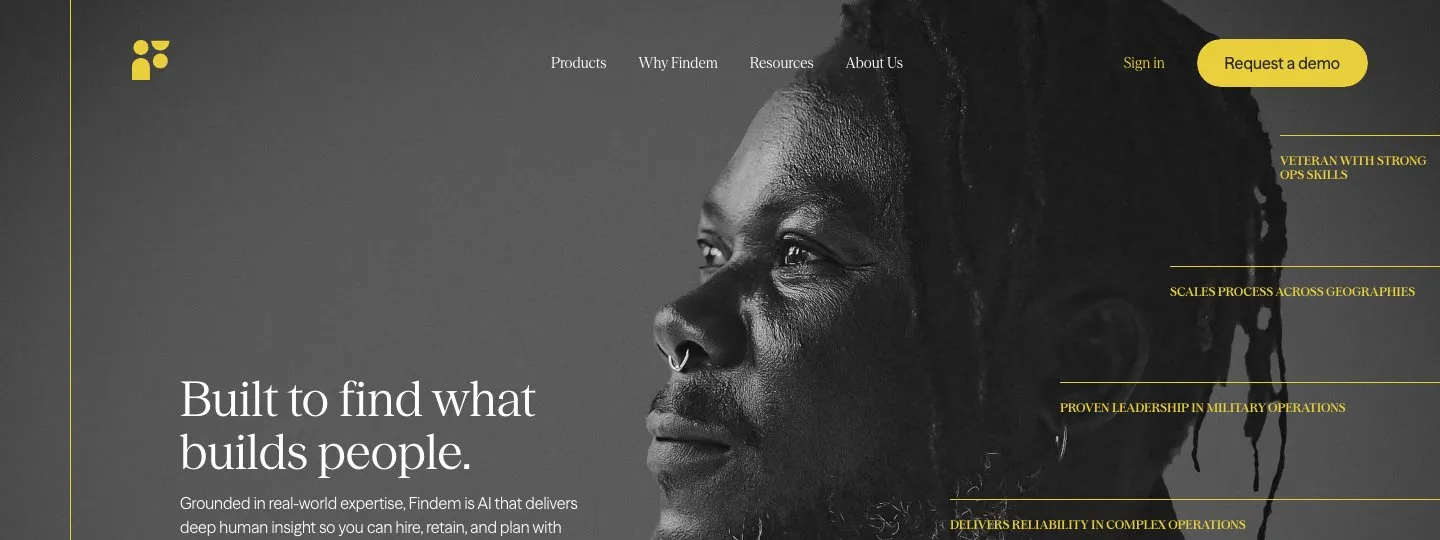 Findem homepage showing its attribute-based talent search and agentic AI platform