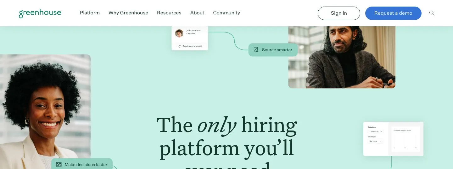 Greenhouse homepage showing its structured hiring platform for enterprise teams