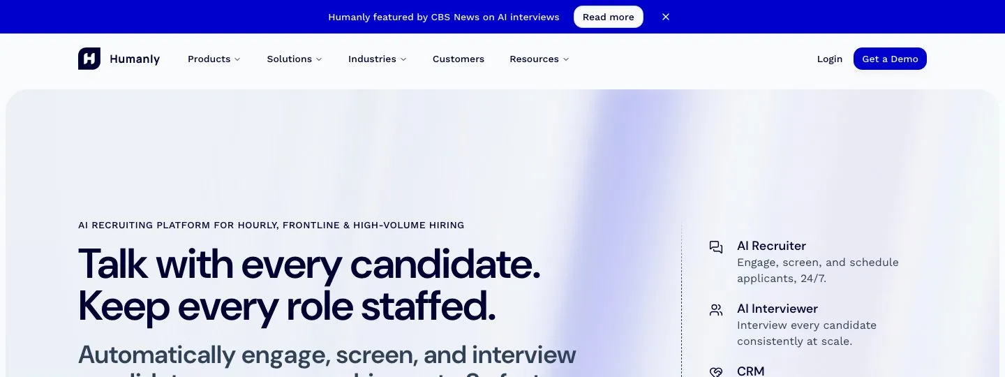 Humanly homepage showing its conversational AI platform for candidate screening