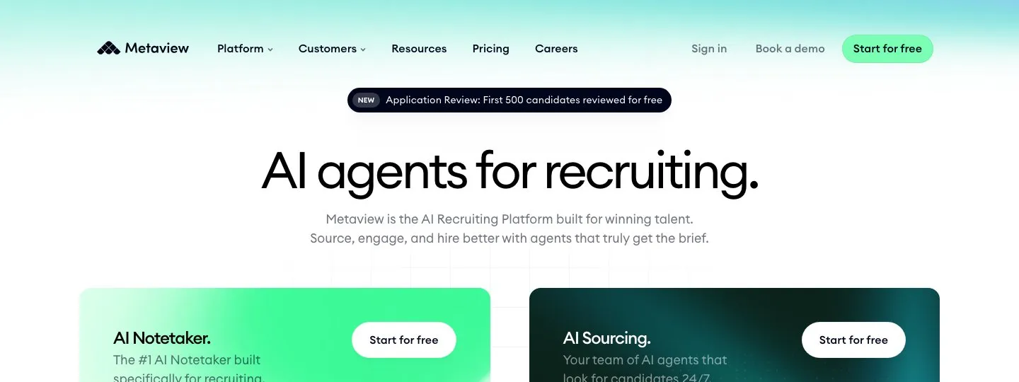 Metaview homepage showing its AI recruiting platform with interview intelligence and sourcing