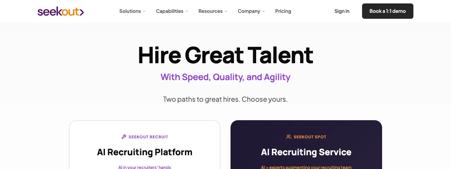 SeekOut homepage showing its talent search engine for technical and diversity hiring