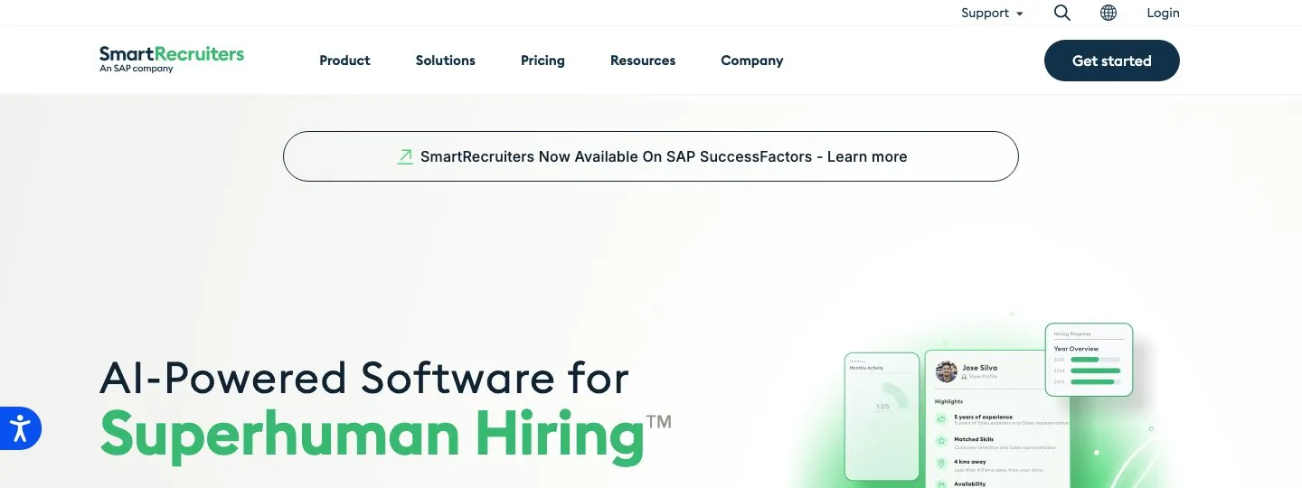 SmartRecruiters homepage showing its enterprise ATS with AI screening and global hiring