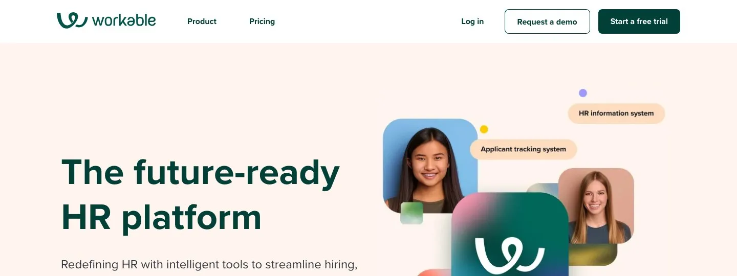 Workable homepage showing its AI-powered ATS with video interviews and HR capabilities